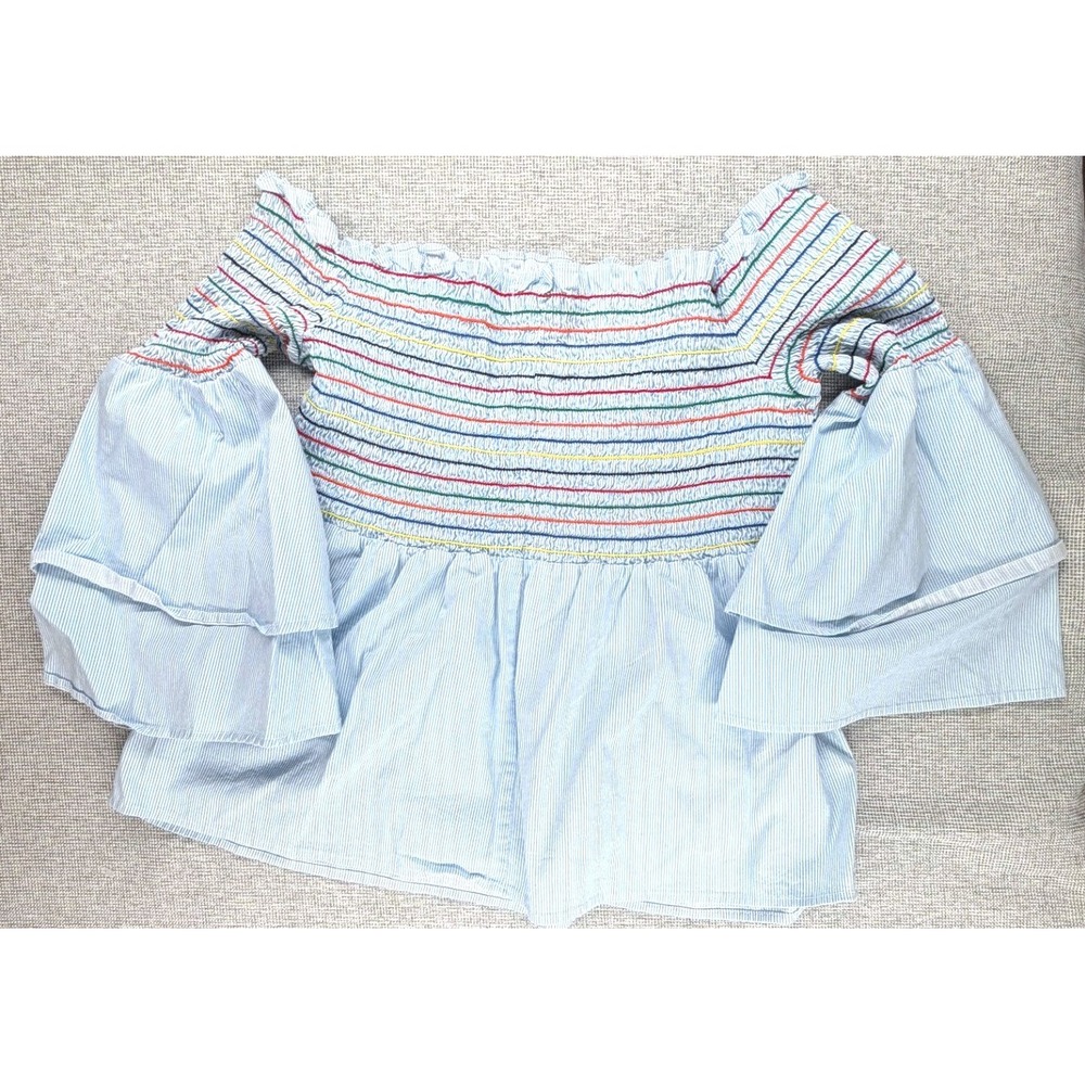 Belle Sky Blue Pinstripe‎ Rainbow Smocked Off Shoulder Bell Sleeve Blouse XL